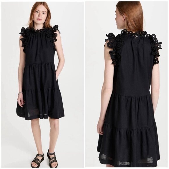 SEA New York Lee Linen Cotton Flutter Sleeve Tiered Tunic Eyelet Dress - Picture 1 of 12